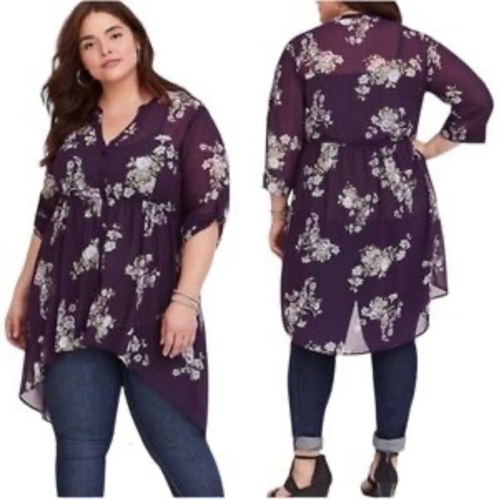 Torrid Lexie Sheer Purple Chiffon Floral High Low Top Sz‎ 2X